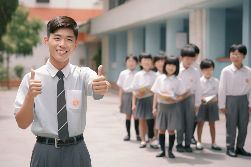 愉悦的竖起大拇指穿校服的男生初中生,高清,摄影图,摄影图片,图片大全,摄影图免费下载